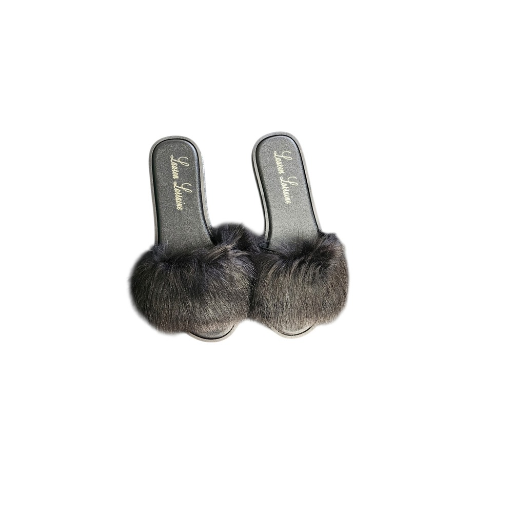 Lauren Lorraine Faux Fur Slide Sandals Women Size M Pewter Black Excellent